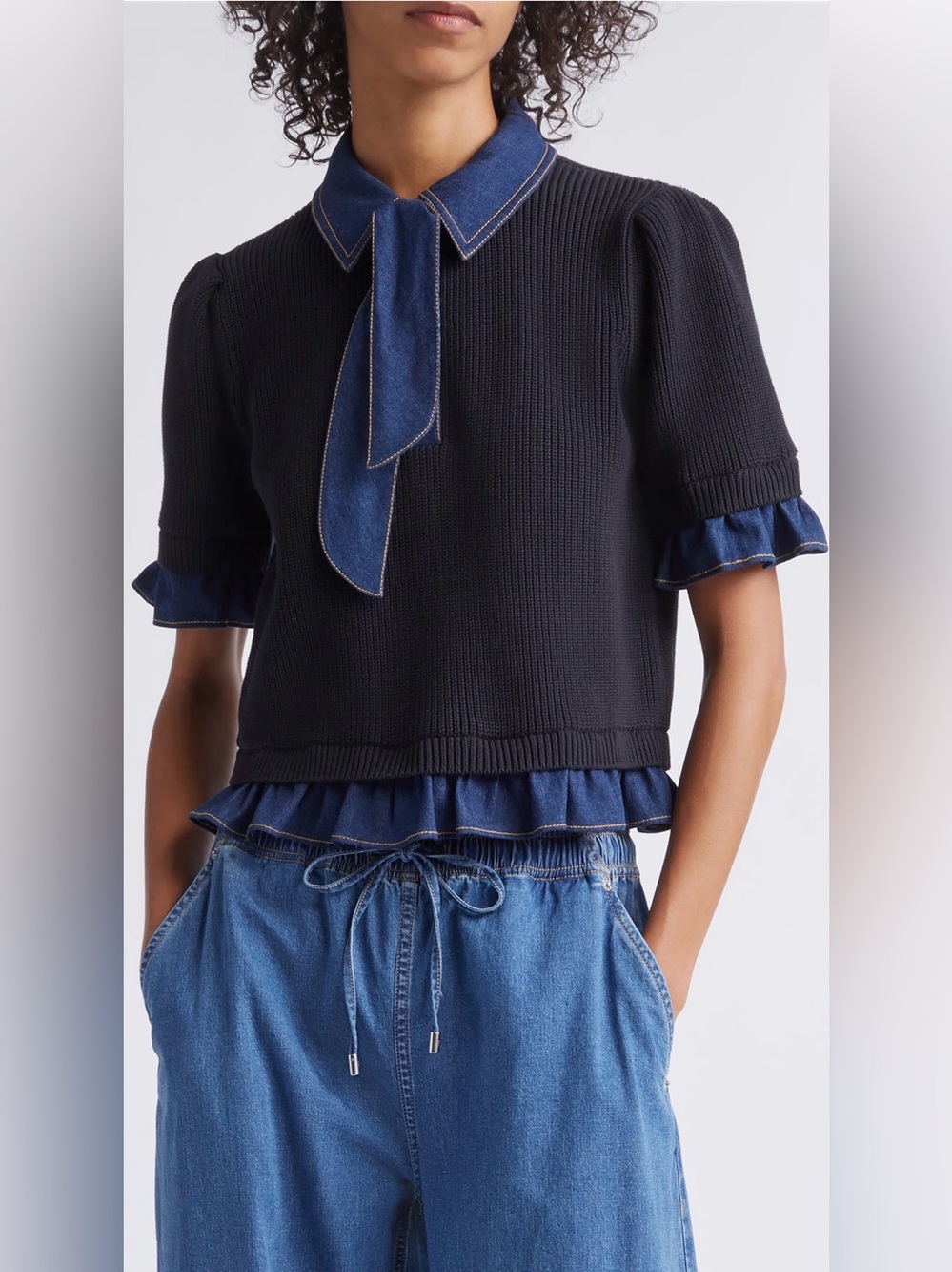 CINQ À SEPT Shelly Ribbed Knit Pullover With Denim Trim